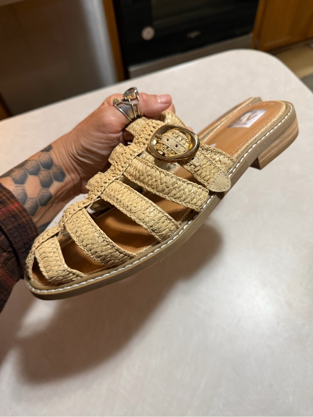 Dolce Vita Braided Slide Mule in Natural Beige with Gold Buckle